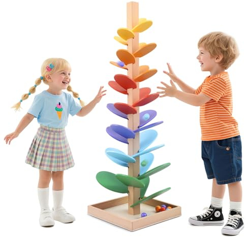 Kugelbahn Holz, 72cm Regenbogen Holz klangbaum, Kugelbahn Klangbaum Lernspielzeug für Kinder mit 10 Regenbogenbälle, 8 Bunte Ebene, Kreatives Holzspielzeug Für Kinder 3-7 Jahre