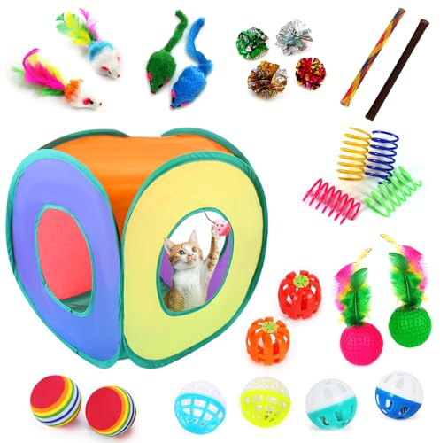 iCAGY Cat Toys, 25-Pack Toy Pack for Indoor Kittens, Kitten Toys Bulk Set - Interactive Kitty Toys with Cube, Crinkle Balls, Feather Wand - Cat Tous
