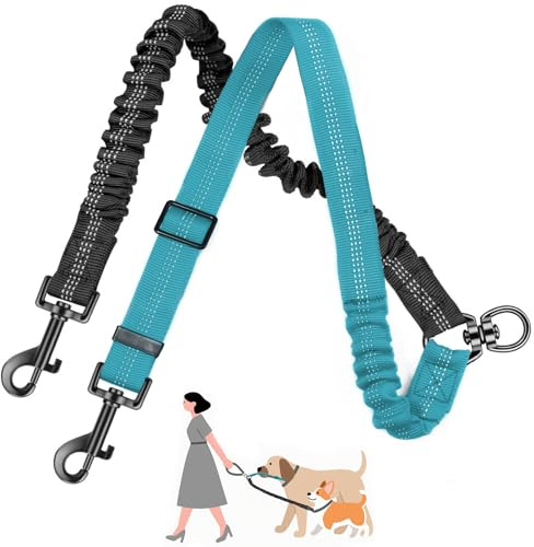Double Dog Leash for 2 Dogs Tangle-Free，Safety Handle，360° Swivel，Reflective，Adjustable Shock Absorbing Bungee Lead – Black and Blue (for Pets 10-25kg)