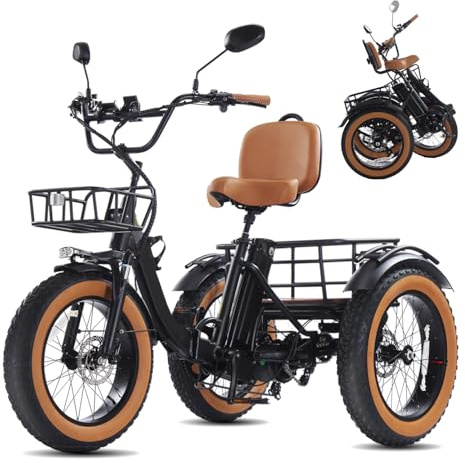 NOMIGO Folding Electric Tricycle for Adults, 48V 15.6Ah Removable Battery, Up to 60-80 km PAS Range, 20 x 4.0 Fat Tyres, Hydraulic Brakes, 7-Speed E-Trike Black
