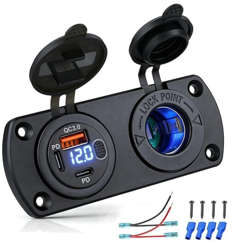 Intckwan Enchufe USB de 12 V para autocaravana con PD36W y QC18W USB, encendedor de cigarrillos de 150 W, voltímetro