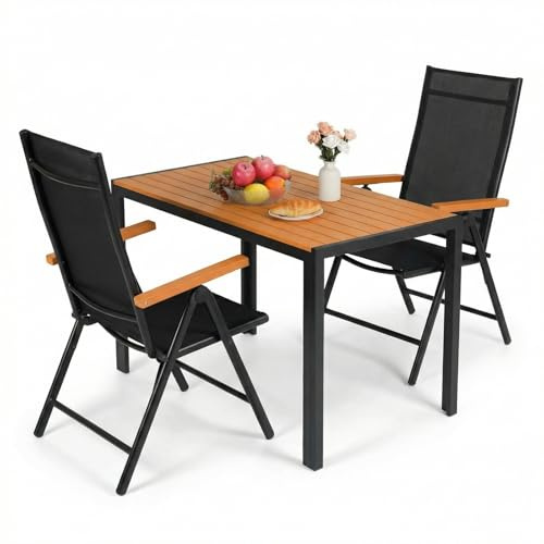 LIFERUN 3-delat set för trädgårdsmöbler, aluminium balkongmöbelset, 2 st justerbara fällbara stolar med hög rygg + 110 x 70 cm WPC väderbeständigt rektangulärt terrassbord, matgrupp sittgrupp utomhus