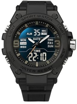 ALCENTIS - Reloj deportivo digital analógico tipo militar, resistente al agua, esfera 4.8 cm, correa de silicona negra, pantalla día/fecha/alarma