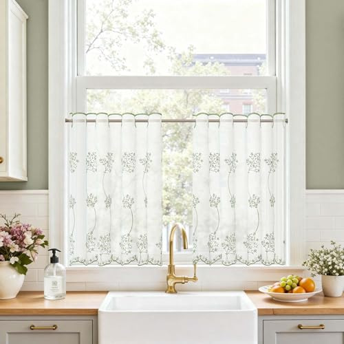TOPICK skivgardin kök ljusgenomsläpplig bistrogardin vardagsrum modern köksgardin gardin halsdukar fönstergardin kortgardin för kök köksfönster lantlig stil 2 stycken B 90 x H 60 cm grön