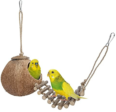 Niteangel Natural Bird Nests Coconut Hideaway with Ladder, Bird and Small Animal Toy (House with Ladder, Natural Surface)
