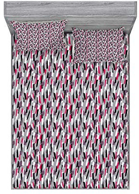 ABAKUHAUS Abstrakt Buntes Spannbetttuch- und Kissen-Set, Bunte Trapezoid Stripes, Dekoratives und Bedrucktes 3-teiliges Bettwäscheset, 150 cm x 200 cm, Magenta Pale Aubergine