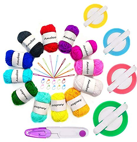 Knewmart Pom Pom Maker, 4 Größen Fluff Ball Weaver Nadel Pompom Maker Sets Enthält 12 Stück Garn + 1 Stück Schere + 10 Stück Strickstichmarker + 10 Stück Plastiknadeln (37)
