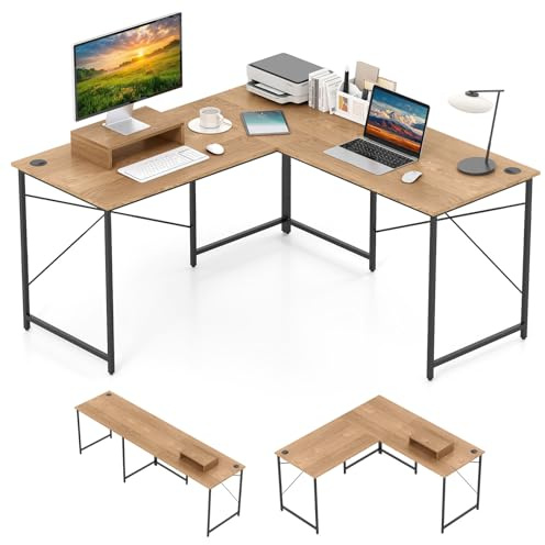 COSTWAY Bureau d'angle en L Réversible avec Support de Moniteur, Poste de Travail Industriel pour 2 Personnes avec 3 Trous de Câble, Assemblage Facile, 150 x 150 x 74 cm (Naturel)