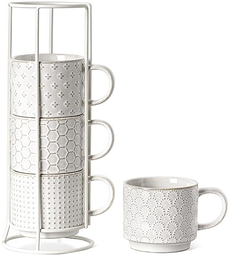 LE TAUCI Stackable Coffee Mugs Set with Stand, Ceramic Espresso Cups for Au Lait, Cappuccino,Latte,Cafe,Mocha,Tea, Suit For Housewarming Wedding- 8 oz, Set of 4,Arctic white