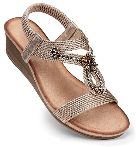 SHIBEVER Womens Wedge Sandals Low Heel Platform Sandals Dressy Ankle Strap Dress Summer Comfortable Shoes for Beach Travel Casual with Arch Support Champagne Size 8