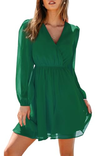 CUPSHE Damen Kleid V Ausschnitt Wickeloptik Transparente Lange Ärmel Blumenmuster Freizeitkleider Wrap Mini Dress Jäger-Grün XL