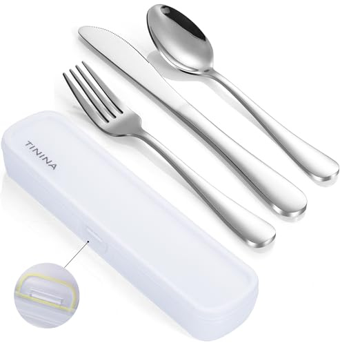 Couverts Lunch Box de Camping, Ensemble de Couverts Portatifs en Acier Inoxydable, étui Renforcé avec Boucle, Couvert de Voyage, Le Travail et l'école, Lavable au Lave-Vaisselle, Argenté