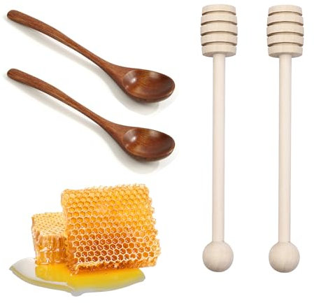 ZIJANG Cucchiaio per Miele, 4 Pezzi Cucchiaio Miele Legno, 16 cm Bastoncini Miele e 14 cm Cucchiaio Legno, Cucchiaio per Miele Agitatore per Api, tè, caffè