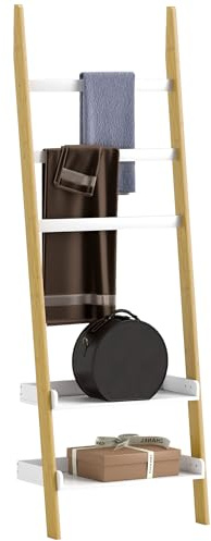 HOMCOM Porte-Serviettes Échelle à 5 Niveaux Échelle à Vêtements avec 2 étagères Gain de Place pour Salle de Bain, Chambre, Salon, Blanc