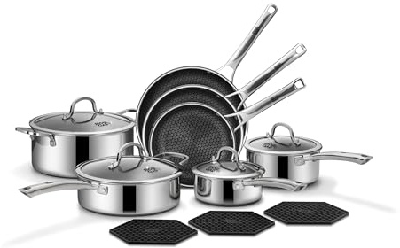 SNOWCLAD Pots and Pans Set Non Stick, 14 Pcs Hybrid Stainless Steel Cookware Sets, Non Stick Frying Pans, Saucepans, Saute Pan & Stock Pot, PFOA Free Kitchen Skillet,Induction Compatible