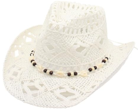Generisch Chapeau de cowboy occidental pour enfants et filles, chapeau de paille malléable, chapeau de soleil évidé, chapeau de soleil, Blanc., taille unique