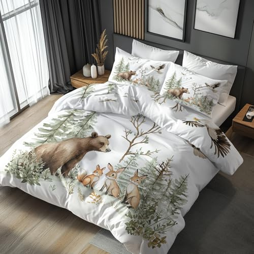 Funda Nordica Cama 90 Infantil Animales del Bosque, Funda Edredon 150x200 y 2 Fundas de Almohada 50x75, Juego de Ropa de Cama de 3 Piezas Microfibra Suave con Cremallera HAgZ147