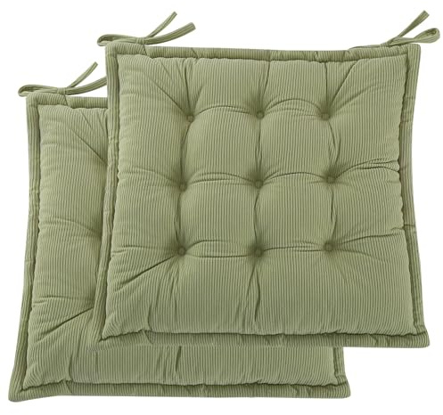 PRIMEPATIO Dining Chair Seat Cushions Set of 2, 45x45cm, Green | Soft Tufted Shredded Foam Chair Pads With Ties For Kitchen, Garden, Dining Chairs and Indoor Outdoor Seating