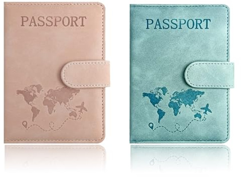 KEWUF Porte Passeport, Protège Passeport avec Bloqueur RFID, Housse de Passeport en Cuir PU, Porte Passeport Voyage pour Passeports, Cartes de Crédit, Cartes d'Identité (2 Pièces, Rose, Bleu)