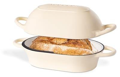 Dutch Oven For Sourdough Bread Baking – Enamelled Cast Iron Bread Loaf Pot – Oven Safe Non Stick Bread Pot – Rectangular, Cream, 24cm x 16cm – by Nuovva