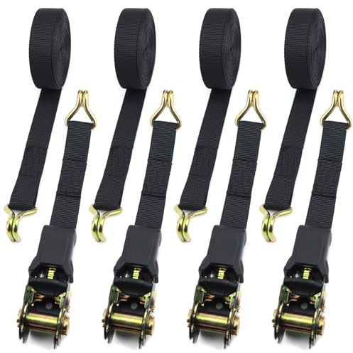 Qcdou Ratchet Straps with Hook, 4 Pack 2.5cm x 6m Tie Down Strap Set, Heavy Duty Ratchet Straps with Cam Buckle, for Motorcycles, Car, Trailer, Cargoes, Household, Luggage, Black