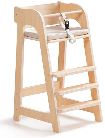 ROBUD Seggiolone Multifunzionale in Legno 6M+ fino 40kg, con Cuscino Rimovibile e Cintura, Altezza Regolabile e Poggiapiedi, Colore Naturale