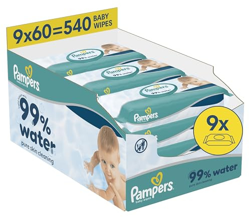 Pampers 99% Water Baby-Feuchttücher, 9 Packungen mit 60 Feuchttüchern = 540 Baby-Feuchttücher, leichte Lotion mit 99% Wasser