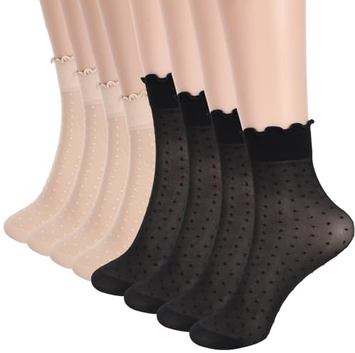 JJUNW 8 pares de medias de nailon para mujer, con volantes, transparentes, finas, de seda, para verano, finas, de seda, transparentes, de nailon, para mujer y niña, Negro+Nude, 38-42
