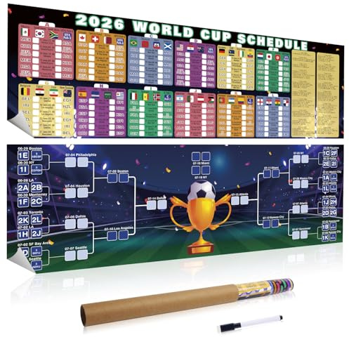 Póster del calendario del Mundial de fútbol 2026 para decoración | Planificador de fútbol | Incluye 42 equipos, fase de grupos, eliminatorias, fechas y sedes | Planificador de pared para hogar y bar |