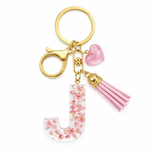 Porte-Clés Lettre J – Porte-Clef de Noms de Sac pour Femmes avec Cœur Rose et Fluides, Cadeaux de Porte-Clé Initiale de l’Alphabet pour Amies, Filles, Étudiantes, Famille