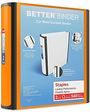 Staples Better Binder, 2 D‑Ring 3‑Ring Binder, Bright Orange, Reinforced Rubber Spine, Durable High‑Capacity Binder for School & Office