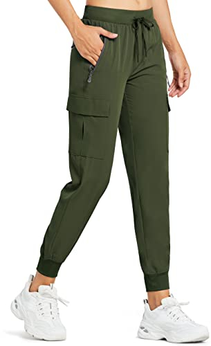 Comallan Damen Cargohose Jogginghose Leichte Wanderhos schnell trocknende Wanderhose Sportlich Workout Lounge Casual Outdoor Hose-Armeegrün L