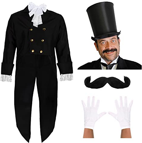 Posh Victorian Man Costume - Black Jacket, White Cravat, Top Hat, Gloves and Moustache - Historical Fancy Dress