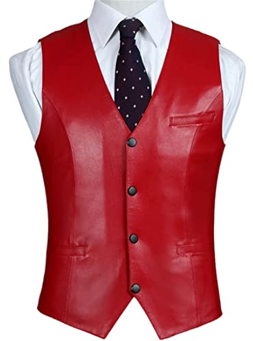 Rote Lederweste Für Herren 100% Lammleder-Lederjacke Schmal Geschnittene Lammfell-Weste Red L