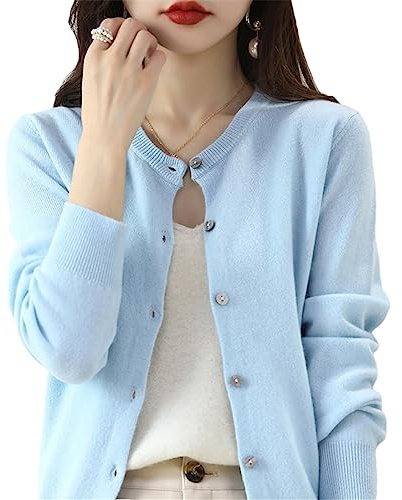 Bollrllr Women's Cashmere Cardigan Round Neck Sweater Spring Autumn Winter Long Sleeve Knitted Solid Color Soft Cardigan Sweater Sky Blue M