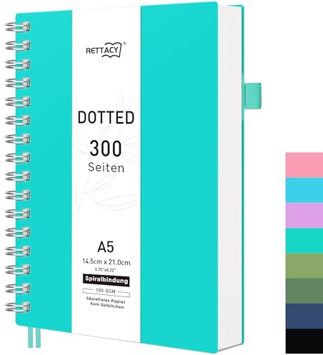 RETTACY Anteckningsbok A5-prickiga journal, spiralanteckningsböcker, 300 ark/150 sidor för att skriva, 100 gsm, inbunden PVC, för kvinnor och män, arbete, kontor, skola, 14,5 x 21 cm – turkos