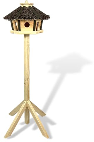 GARTENETAGE Vogelhaus Holz Mit 2in1 Ständer & Birkenzweigdach - Wetterfest und Stabil - Sechseckiges Vogelfutterhaus - Robustes Vogelhäuschen für Balkon und Garten