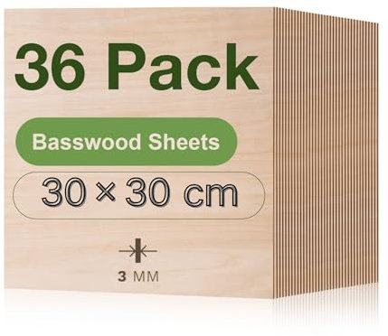 ROBOTIME Tablero Madera Contrachapada 3mm 30×30cm 36 Piezas Linden Tablero de Madera a Medida Para Bricolaje,Pirograbado Corte por Laser CNC Router Modelado