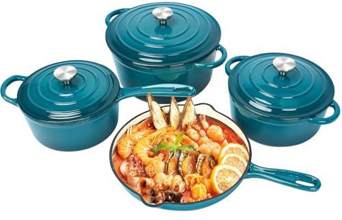 QuliMetal Nonstick Enameled Cast Iron Cookware Set, 7Pcs Pots and Pans with Lid, Frying Pan Skillet, Saucepan, Healthy Dutch Oven for Sourdough Bread Baking, Oven Safe up to 500° F or on All Stovetop