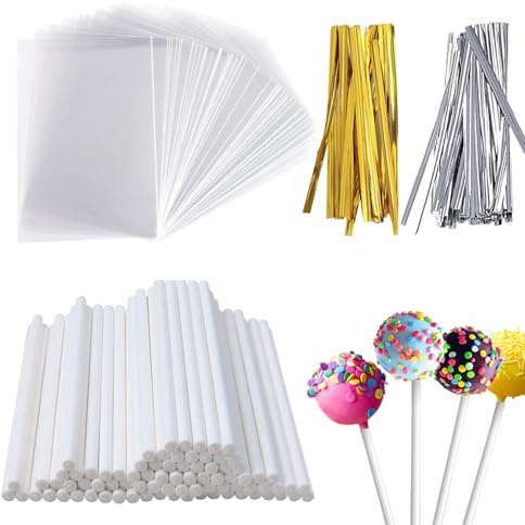 XUSSMM Juego de 300 tallos para cake pop, 100 lápices de papel fijos, 100 caramelos y 50 torceduras doradas y plateadas