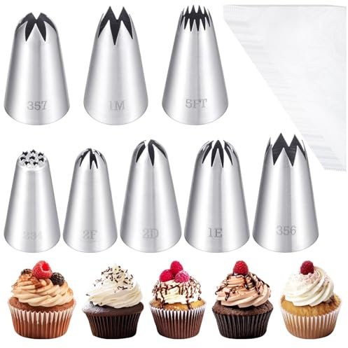 Prasacco 8 Stück Spritztüllen und 12 Stück Spritzbeutel Set, 8 Stile 304 Edelstahl Spritztüllen Wiederverwendbare Kuchendekorationstüllen DIY Backzubehör zum Dekorieren von Kuchen, Cupcakes, Fondant