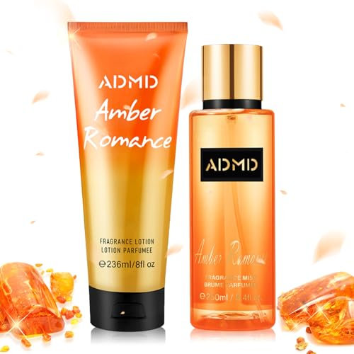 2 Stück Körperspray Damen,amber-duftendes Body Spray mit Body Lotion,belebendes, Lang Anhaltender Duftspray, Body Splash, Geschenke für Verliebte, Frauen, Mütter,Eau(250ml + 236ml)