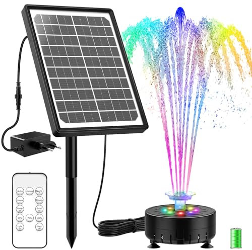 SUJFEE 10W Buntes LED Solar Springbrunnen für Außen mit Akku, Solarbrunnen mit Fernbedienung und Feste Pfähle,DIY Solar Teichpumpe mit 21 Effekte, Solar Wasserpumpe für Garten, DIY Wasserspiel, Teich