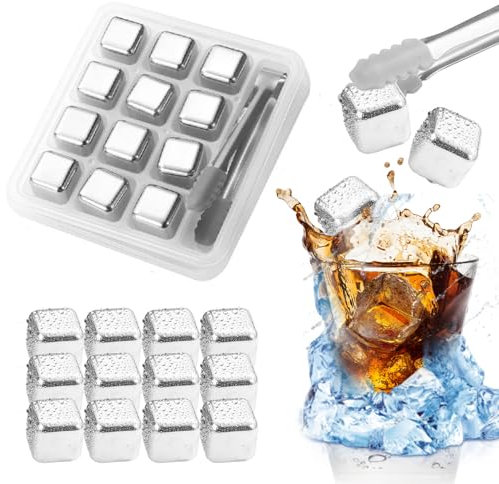 LEKEFETO Cubi di Ghiaccio Premium per Whisky: 12 Pezzi Cubi di Ghiaccio in Acciaio Inossidabile 304, Raffreddamento Veloce E Duraturo, per Whisky, Vino, Cocktail E Altre Bevande (2.7X2.7X2.7cm)