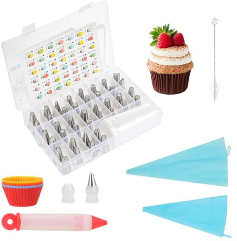 Windfromort Spritzbeutel Set 64-teilig - Spritzbeutel mit tüllen - 30cm spritzbeutel wiederverwendbar - 42 Spritztüllen, Schaber, Bürste & Adapter - für Cupcakes, Torten Dekorieren, Kuchen