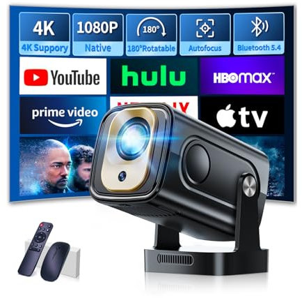 Proiettore 1080P FHD[2026 Upgraded] Mini Proiettore Portatile 4K con Bluetooth 5.4 WiFi 6 Projector TV Auto Keystone Videoproiettore con HDMI/Phone/USB/TV Stick/Laptopcon Cavo HDMI & Mouse,Nero
