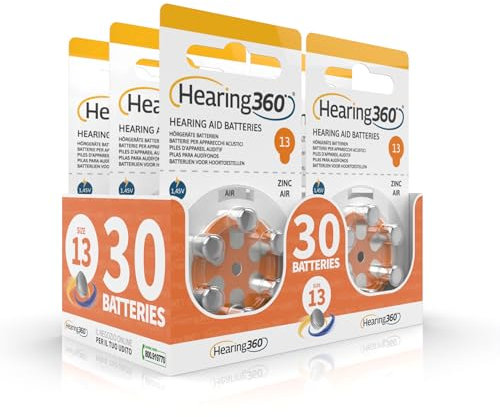 Hearing360 batterie per apparecchi acustici PR48 misura 13, pile senza mercurio extra durata e affidabilità (5 blister arancioni, 30 pile)