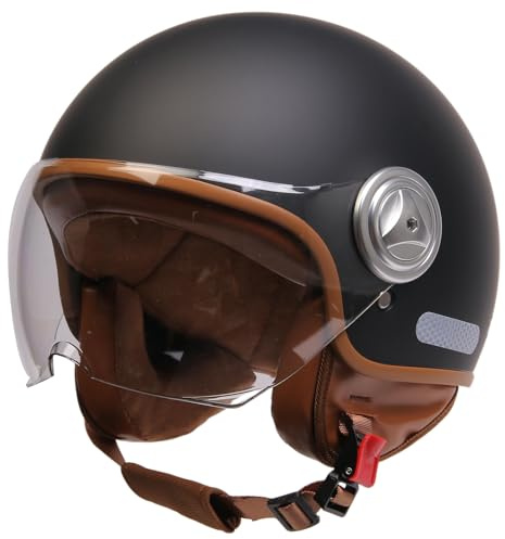 Men Women Open Face Motorcycle Helmet Aldult Retro German 3/4 Motorbike Half Helmet FMVSS 218 DOT Approved Vintage Skull Cap Helmet Fashion Lightweight Scooter Cruiser Chopper Moped Helmet(Black)