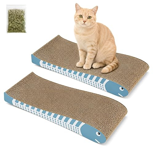 DIVCHI Cat Scratching Post Set of 2 Scratch Pad with Catnip Cardboard Cat Scratcher for Indoor Cats Double-Sided Usability Curved fish Shaped Printed Scratching Mat (Blue)