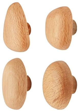 Hperu Ganchos de pared de madera, 4 ganchos para abrigos de madera natural resistentes, colgadores de pared decorativos con forma de guijarro para toallas y bolsos